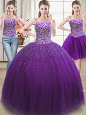 Three Piece Beading Sweet 16 Dresses Purple Lace Up Sleeveless Floor Length
