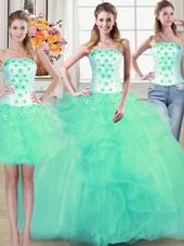 Hot Selling Three Piece Turquoise Ball Gowns Tulle Strapless Sleeveless Beading and Appliques and Ruffles Floor Length Lace Up Vestidos de Quinceanera