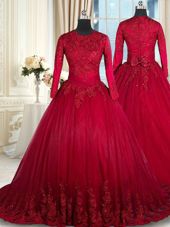 Scoop Long Sleeves Tulle Floor Length Clasp Handle 15th Birthday Dress in Wine Red for with Beading and Lace and Bowknot