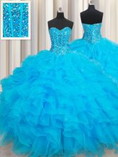 Baby Blue Sleeveless Organza Lace Up 15 Quinceanera Dress for Military Ball and Sweet 16 and Quinceanera