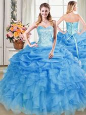 Flare Blue Lace Up Sweetheart Beading and Ruffles and Pick Ups Vestidos de Quinceanera Organza Sleeveless