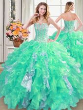 Sleeveless Floor Length Beading and Ruffles and Sequins Lace Up Quince Ball Gowns with Turquoise