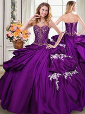 Floor Length Purple Ball Gown Prom Dress Taffeta Sleeveless Beading and Appliques and Pick Ups