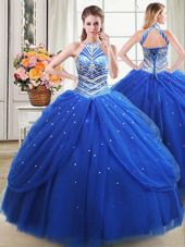 Royal Blue Halter Top Neckline Beading and Pick Ups Quinceanera Gowns Sleeveless Lace Up