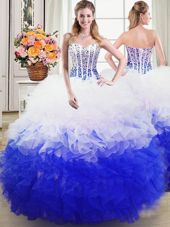 Exceptional Blue And White Sleeveless Floor Length Beading and Ruffles Lace Up Quinceanera Gown