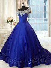 Off The Shoulder Cap Sleeves Satin Quince Ball Gowns Beading and Lace Lace Up