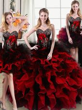 Four Piece Floor Length Lace Up 15th Birthday Dress Black and Red and In for Military Ball and Sweet 16 and Quinceanera with Beading and Ruffles and Hand Made Flower