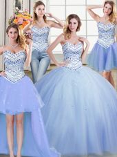 Clearance Four Piece Light Blue Sleeveless Tulle Lace Up Quince Ball Gowns for Military Ball and Sweet 16 and Quinceanera
