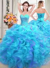 Fashionable Sweetheart Sleeveless Sweet 16 Quinceanera Dress Floor Length Beading and Ruffles Multi-color Organza