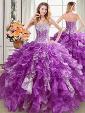Most Popular Purple Ball Gowns Sweetheart Sleeveless Organza Floor Length Lace Up Beading and Ruffles and Sequins 15th Birthday Dress