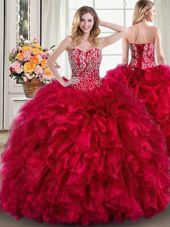 Red Sleeveless Brush Train Beading and Ruffles Vestidos de Quinceanera