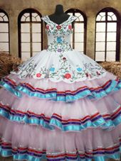 Glamorous White Ball Gown Prom Dress Military Ball and Sweet 16 and Quinceanera and For with Embroidery and Ruffled Layers Straps Sleeveless Lace Up