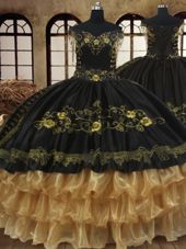 Black Off The Shoulder Neckline Beading and Embroidery and Ruffled Layers Quinceanera Dresses Sleeveless Lace Up