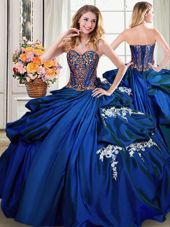 Sleeveless Taffeta Floor Length Lace Up Quince Ball Gowns in Royal Blue for with Beading and Appliques and Pick Ups