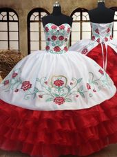 Sleeveless Organza Floor Length Lace Up Sweet 16 Dresses in White and Red for with Embroidery and Ruffled Layers