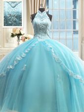 Custom Designed Halter Top Sleeveless Lace Up Quinceanera Dress Aqua Blue Tulle