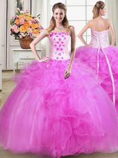 Floor Length Fuchsia Vestidos de Quinceanera Tulle Sleeveless Beading and Appliques and Embroidery