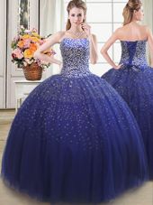 Three Piece Teal Ball Gown Prom Dress Tulle Sleeveless Beading