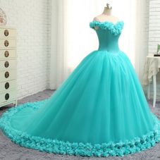 Off the Shoulder Cap Sleeves With Train Hand Made Flower Lace Up Quinceanera Dresses with Aqua Blue Court Train