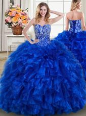 Royal Blue 15 Quinceanera Dress Military Ball and Sweet 16 and Quinceanera and For with Beading and Ruffles Sweetheart Sleeveless Brush Train Lace Up