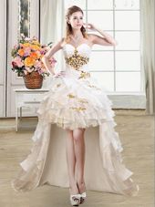 Sleeveless High Low Beading and Ruffles Lace Up Pageant Dress for Teens with White