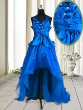 Exquisite Royal Blue Organza Zipper V-neck Sleeveless High Low Pageant Gowns Beading and Appliques and Bowknot