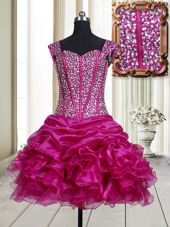 Vintage Fuchsia A-line Organza Straps Sleeveless Beading and Ruffles Mini Length Lace Up High School Pageant Dress