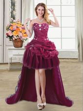 Burgundy Organza Lace Up Cocktail Dresses Sleeveless High Low Beading and Appliques and Pick Ups