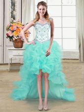 Wonderful Straps Straps High Low Ball Gowns Sleeveless Aqua Blue Pageant Dress for Teens Lace Up