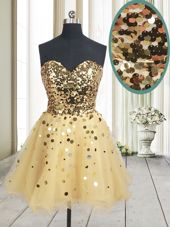 Gold Sleeveless Sequins Mini Length Prom Evening Gown