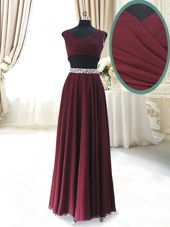 Burgundy Zipper Celebrity Evening Dresses Beading and Belt Cap Sleeves Ankle Length
