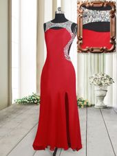 Colorful Scoop Backless Red Elastic Woven Satin Brush Train Sleeveless Beading