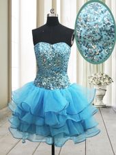 Flare Sequins A-line Prom Party Dress Baby Blue Sweetheart Organza Sleeveless Mini Length Zipper