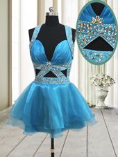 Baby Blue Halter Top Neckline Beading Oscars Dresses Sleeveless Backless