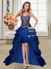 High Low Royal Blue Evening Gowns Taffeta Sleeveless Beading and Appliques and Pick Ups