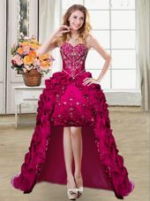 Sumptuous Fuchsia Lace Up Evening Gowns Beading and Embroidery and Pick Ups Sleeveless High Low