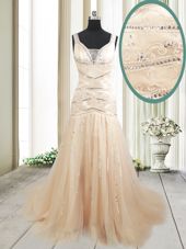 Modest Mermaid Straps Straps Champagne Tulle Lace Up Prom Gown Sleeveless With Train Sweep Train Ruching