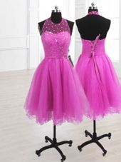 Sequins Knee Length Fuchsia Celebrity Dresses High-neck Sleeveless Lace Up