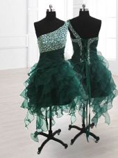 Wonderful One Shoulder Peacock Green Sleeveless Knee Length Beading and Ruffles Lace Up Oscars Dresses