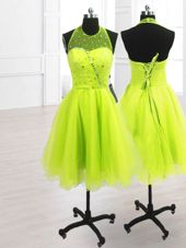 Pretty High-neck Sleeveless Prom Dresses Knee Length Sequins Yellow Green Organza