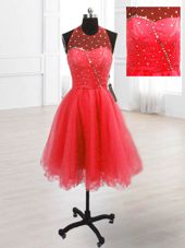 Beauteous High-neck Sleeveless Prom Party Dress Knee Length Sequins Coral Red Organza