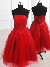 Red A-line Organza Strapless Sleeveless Embroidery Knee Length Lace Up Prom Dress
