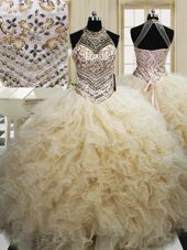 Fashion Halter Top Champagne Sleeveless Floor Length Beading and Ruffles Lace Up Quinceanera Gown
