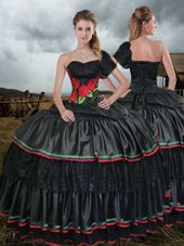 One Shoulder Black Sleeveless Sweep Train Embroidery With Train Quinceanera Dress