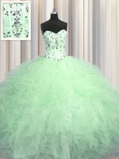 Glittering Visible Boning Apple Green Ball Gowns Beading and Appliques and Ruffles Sweet 16 Dresses Lace Up Tulle Sleeveless Floor Length