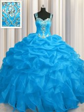 See Through Zipper Up Appliques and Ruffles Ball Gown Prom Dress Blue Zipper Sleeveless Floor Length