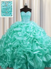 Aqua Blue Ball Gowns Sweetheart Sleeveless Organza With Train Court Train Lace Up Beading and Pick Ups Sweet 16 Dress