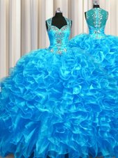 Deluxe Zipper Up See Through Back Sleeveless Beading and Ruffles Zipper Sweet 16 Quinceanera Dress