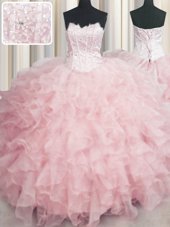 Top Selling Visible Boning Scalloped Baby Pink Sleeveless Beading and Ruffles Floor Length Quinceanera Gowns