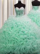 Fabulous Brush Train Apple Green Fabric With Rolling Flowers Lace Up Sweetheart Sleeveless Floor Length Quinceanera Gowns Beading and Pick Ups